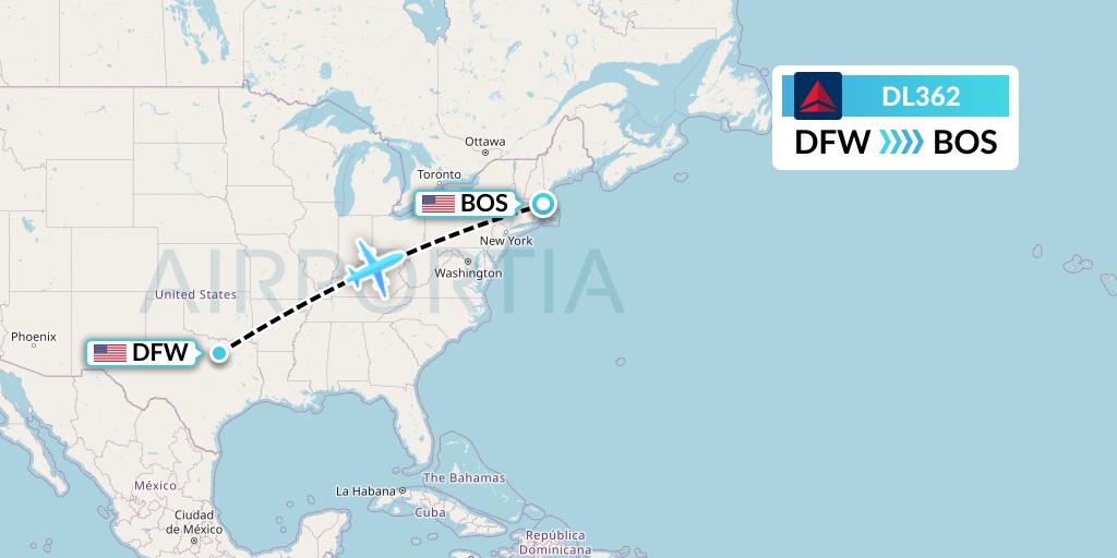 DL362 Delta Air Lines Flight Map: Dallas to Boston