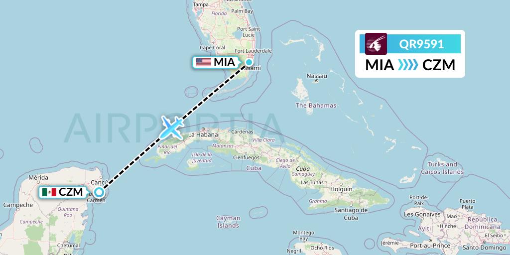QR9591 Qatar Airways Flight Map: Miami to Cozumel