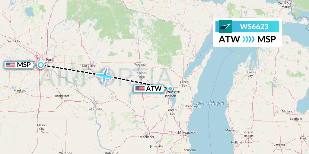 WS6623 WestJet Flight Map: Appleton to Minneapolis