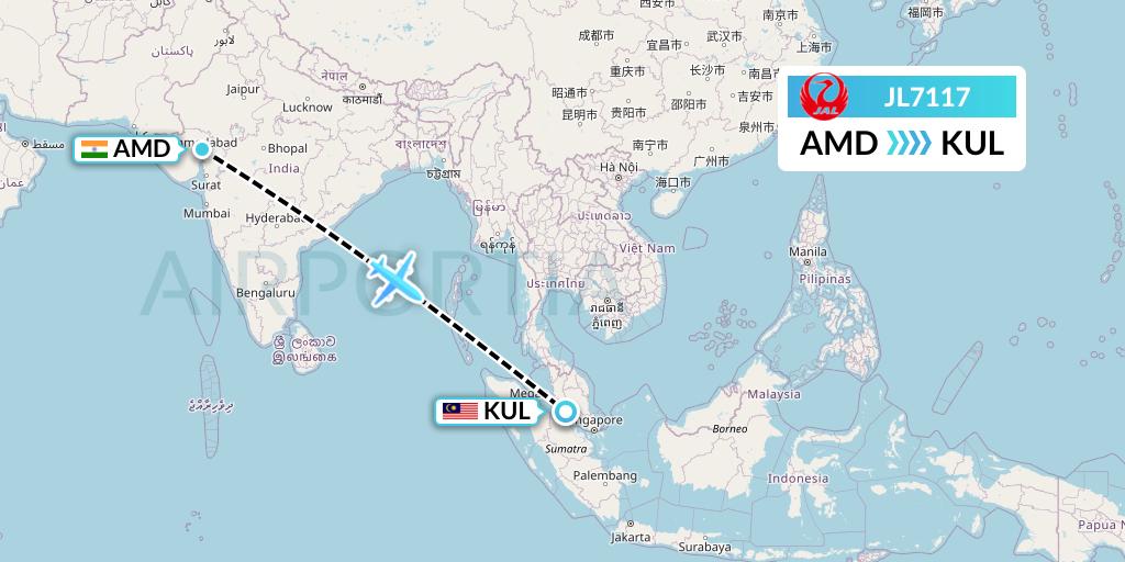 JL7117 Japan Airlines Flight Map: Ahmedabad to Kuala Lumpur
