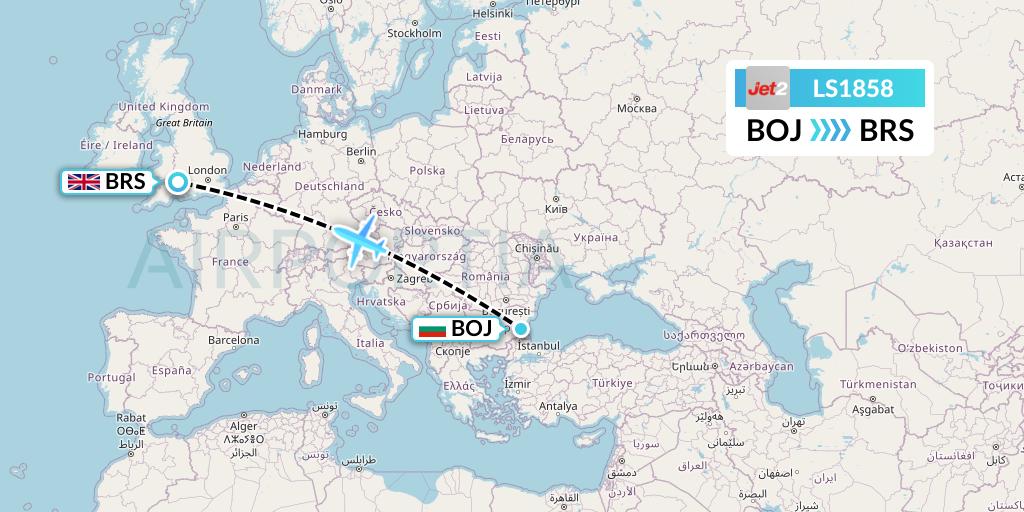 LS1858 Jet2 Flight Map: Burgas to Bristol