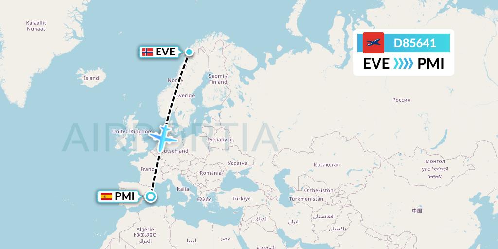 D85641 Norwegian Air International Flight Map: Harstad to Palma de Mallorca