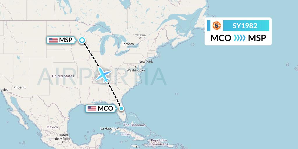 SY1982 Sun Country Airlines Flight Map: Orlando to Minneapolis