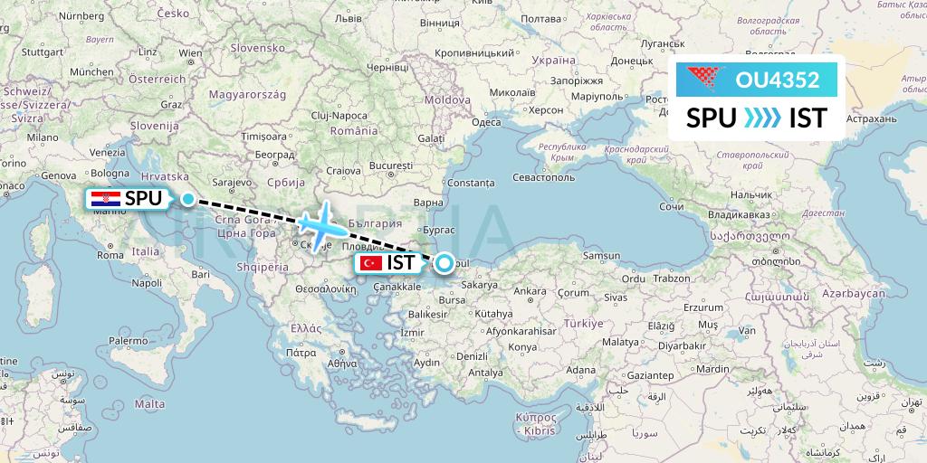 OU4352 Croatia Airlines Flight Map: Split to Istanbul