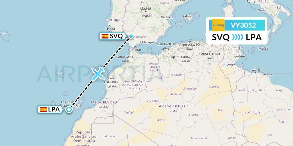 VY3052 Vueling Flight Map: Seville to Las Palmas