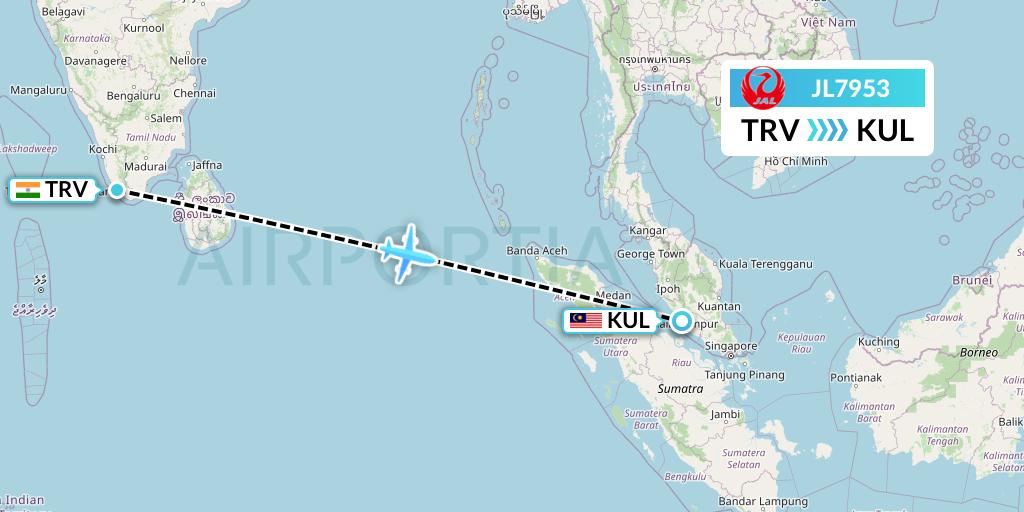 JL7953 Japan Airlines Flight Map: Thiruvananthapuram to Kuala Lumpur