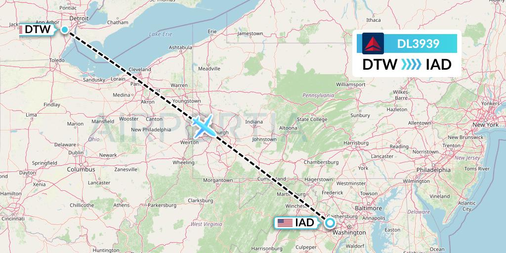 DL3939 Delta Air Lines Flight Map: Detroit to Washington