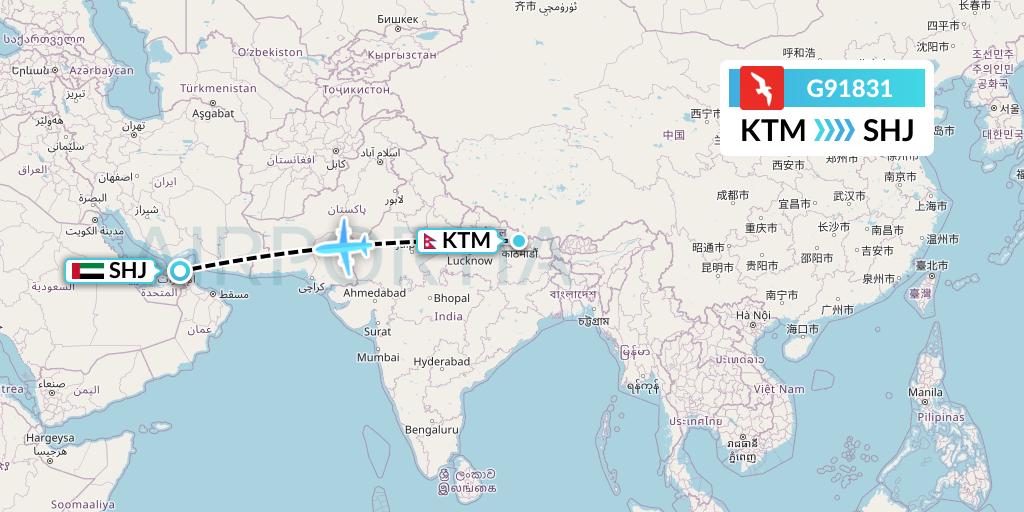 G91831 Air Arabia Flight Map: Kathmandu to Sharjah