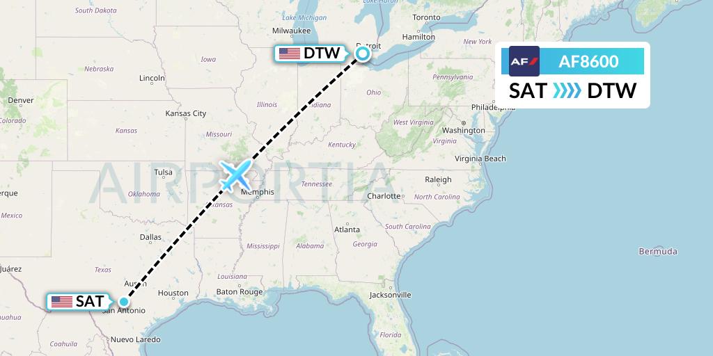 AF8600 Air France Flight Map: San Antonio to Detroit