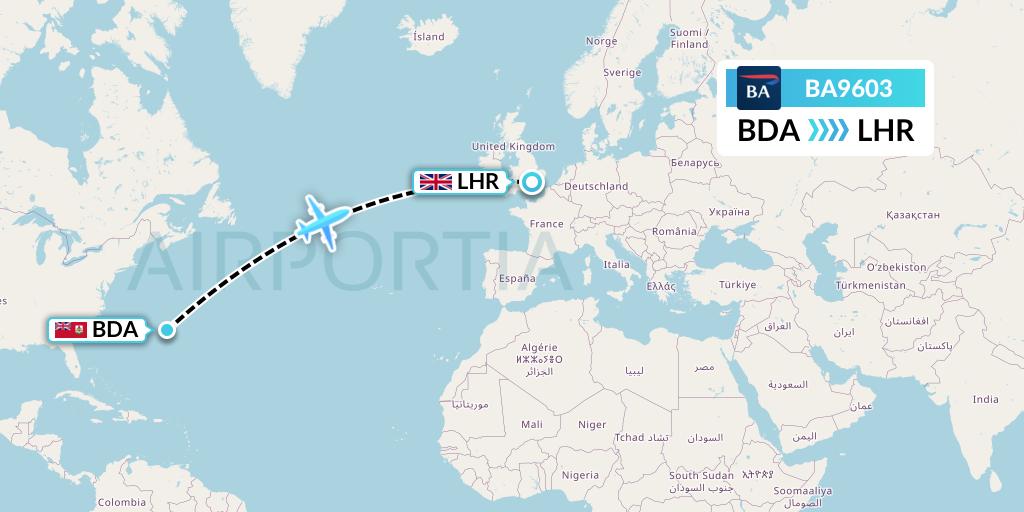 BA9603 British Airways Flight Map: Bermuda to London