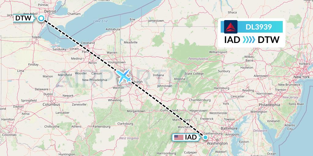 DL3939 Delta Air Lines Flight Map: Washington to Detroit