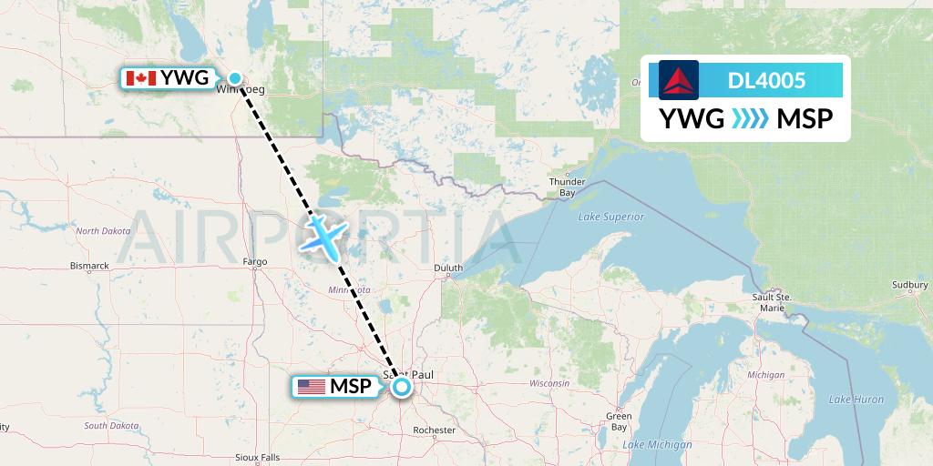 DL4005 Delta Air Lines Flight Map: Winnipeg to Minneapolis