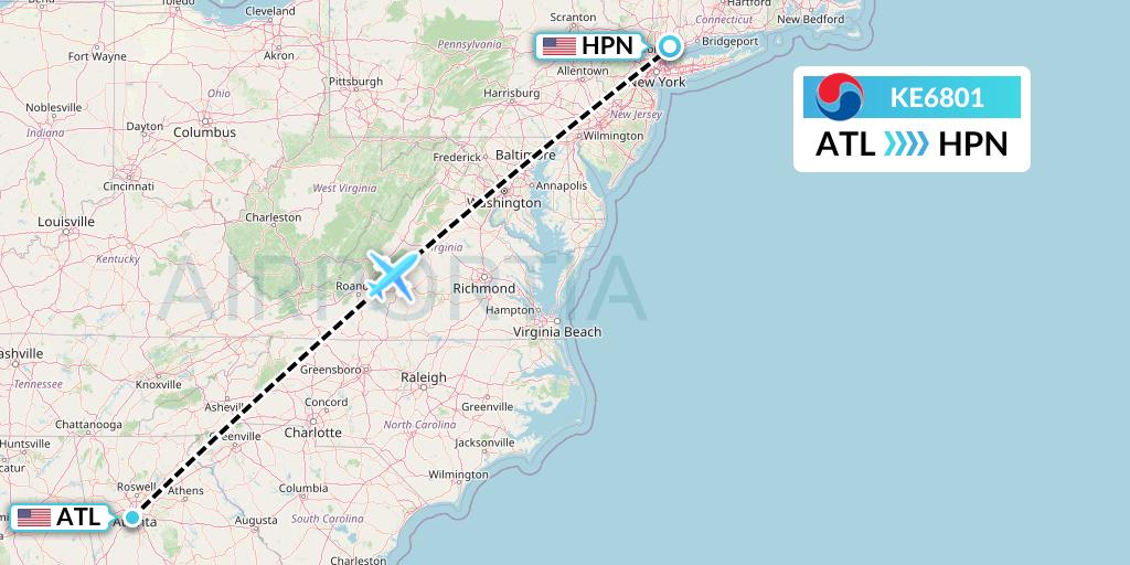 KE6801 Korean Air Flight Map: Atlanta to White Plains