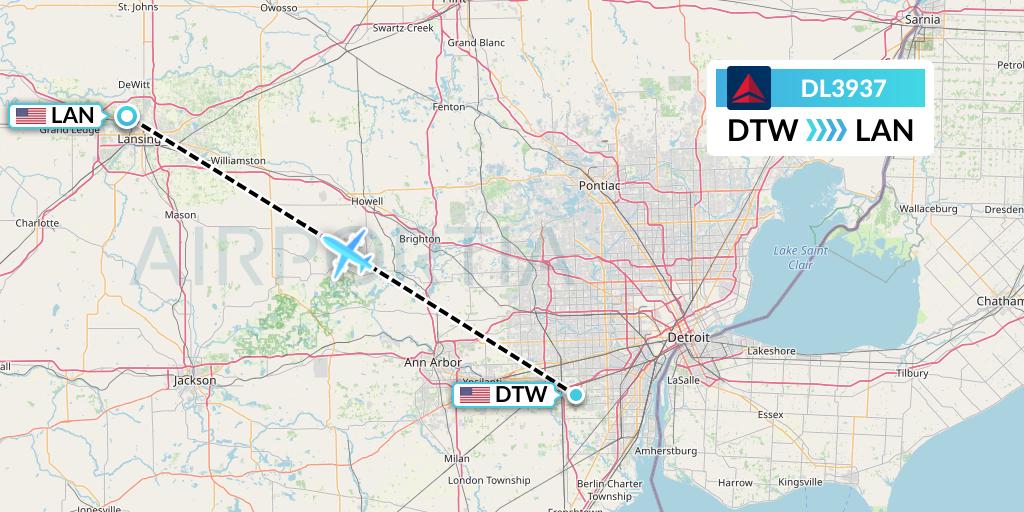 DL3937 Delta Air Lines Flight Map: Detroit to Lansing