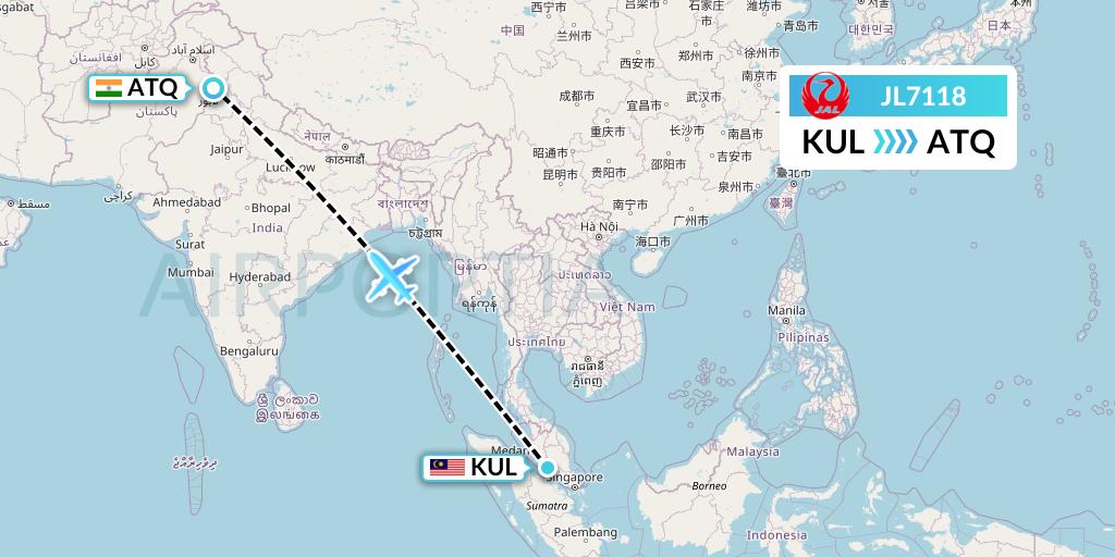 JL7118 Japan Airlines Flight Map: Kuala Lumpur to Amritsar