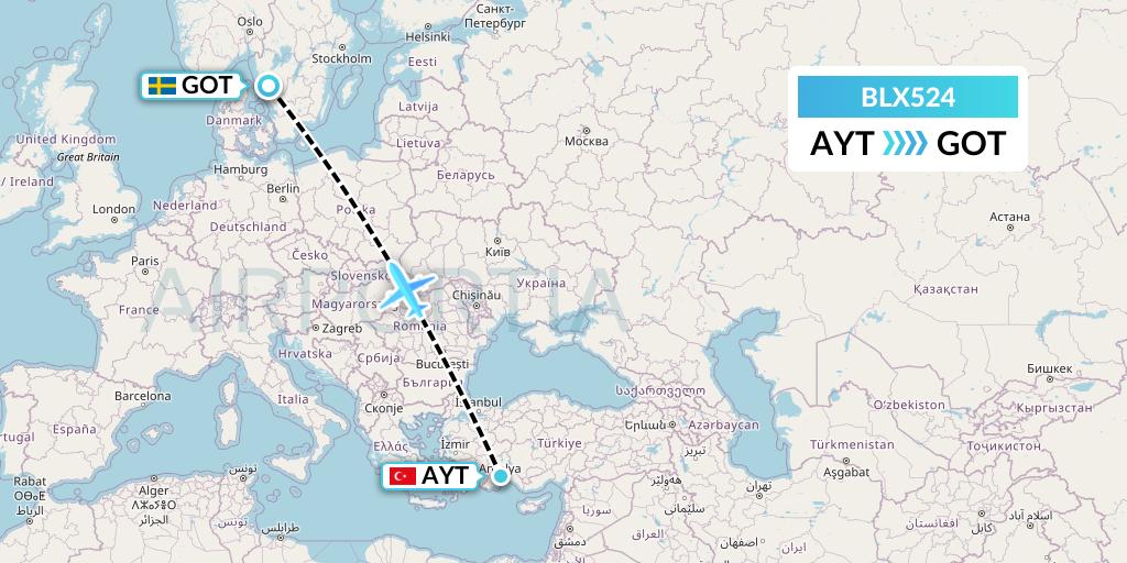 BLX524 TUI fly Nordics Flight Map: Antalya to Gothenburg
