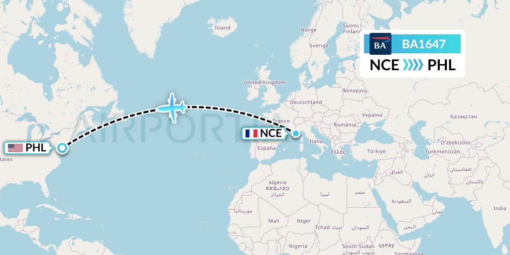 BA1647 British Airways Flight Map: Nice to Philadelphia