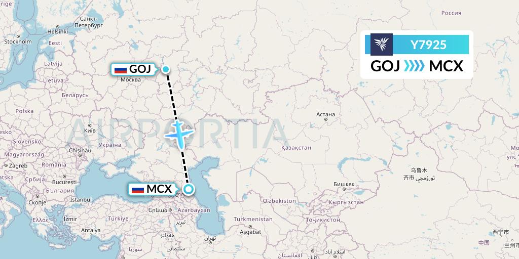 Y7925 NordStar Flight Map: Nizhny Novgorod to Makhachkala