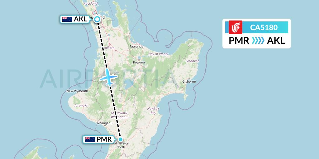 CA5180 Air China Flight Map: Palmerston North to Auckland