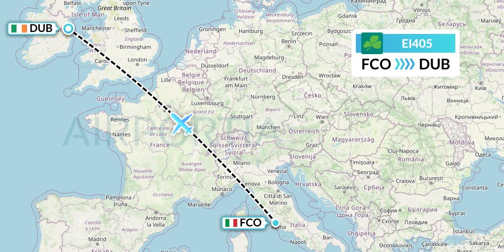 EI405 Aer Lingus Flight Map: Rome to Dublin