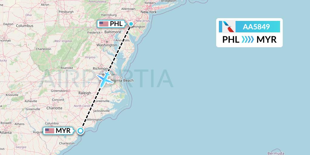 AA5849 American Airlines Flight Map: Philadelphia to Myrtle Beach