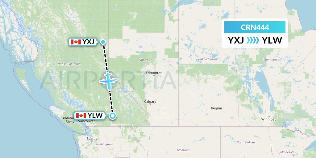 CRN444 Aerocaribbean Flight Map: Fort St. John to Kelowna