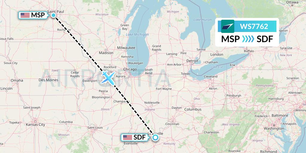 WS7762 WestJet Flight Map: Minneapolis to Louisville