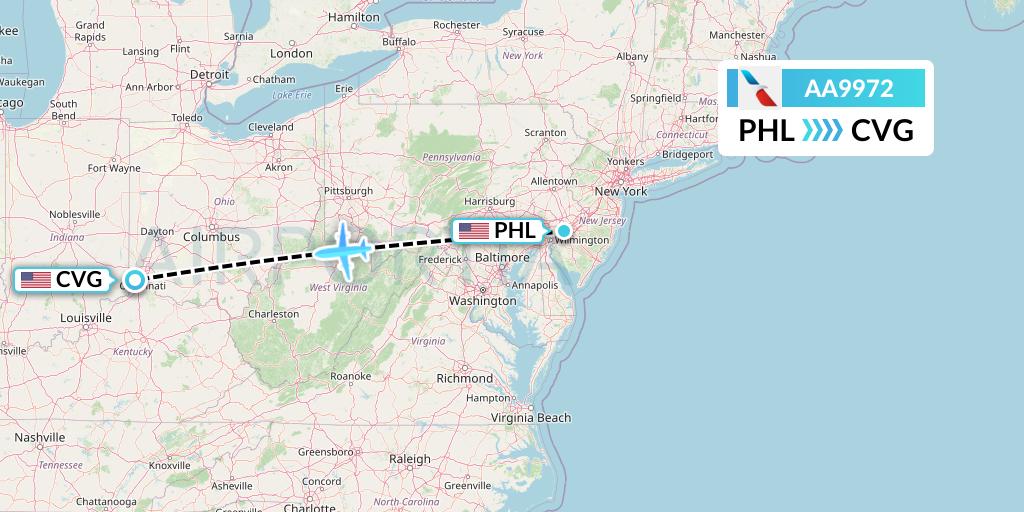 AA9972 American Airlines Flight Map: Philadelphia to Cincinnati