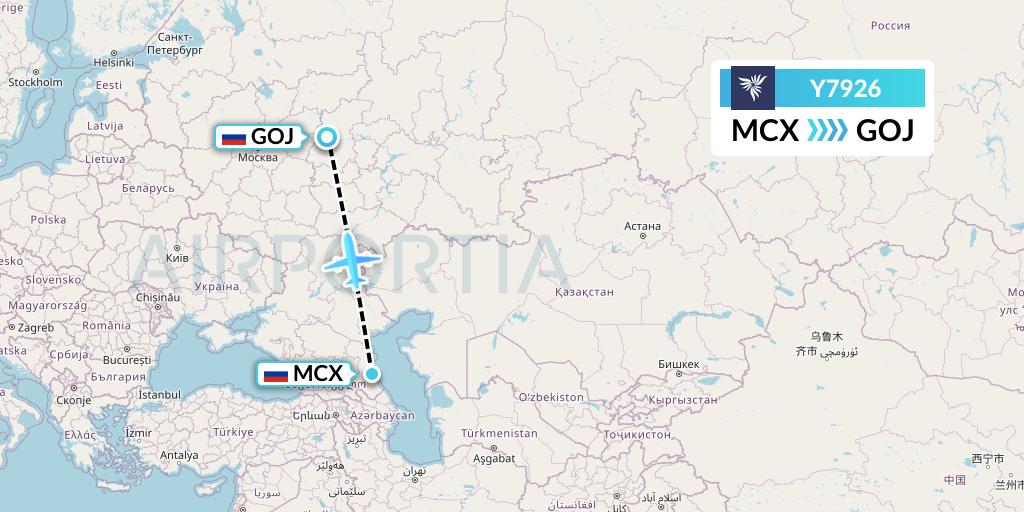 Y7926 NordStar Flight Map: Makhachkala to Nizhny Novgorod