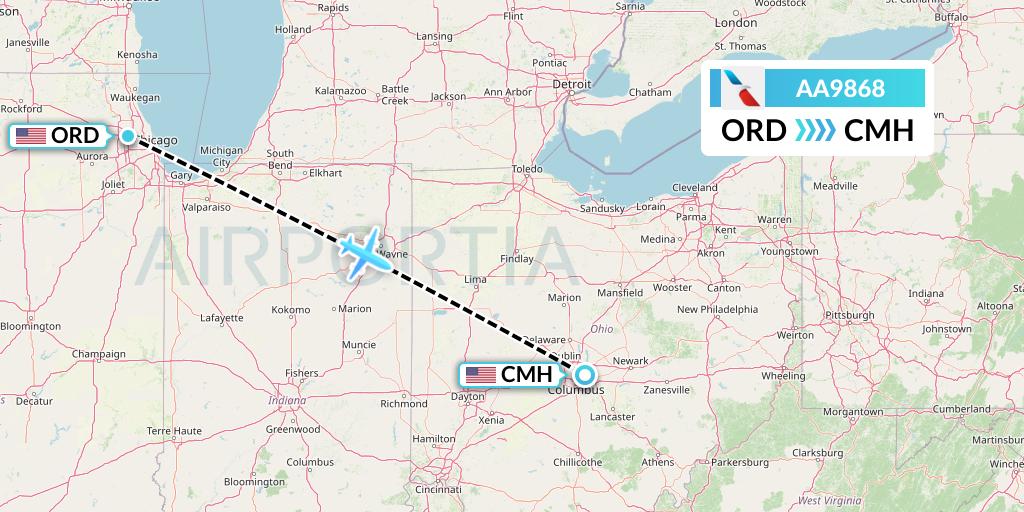AA9868 American Airlines Flight Map: Chicago to Columbus