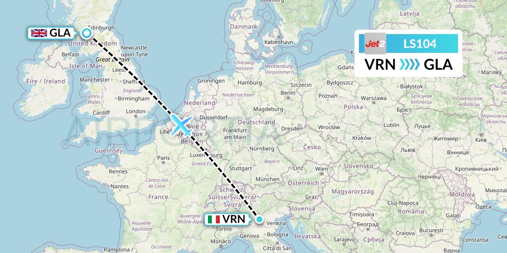 LS104 Jet2 Flight Map: Verona to Glasgow