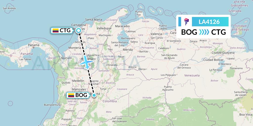 LA4126 LAN Airlines Flight Map: Bogota to Cartagena