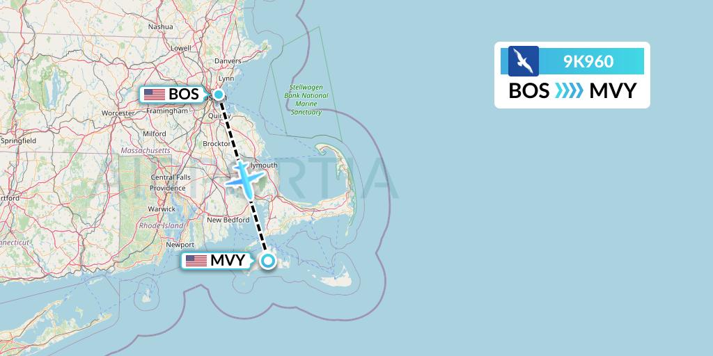 9K960 Cape Air Flight Map: Boston to Martha's Vineyard