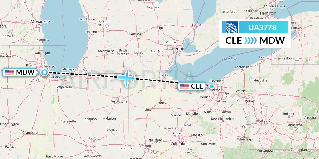 UA3778 United Airlines Flight Map: Cleveland to Chicago