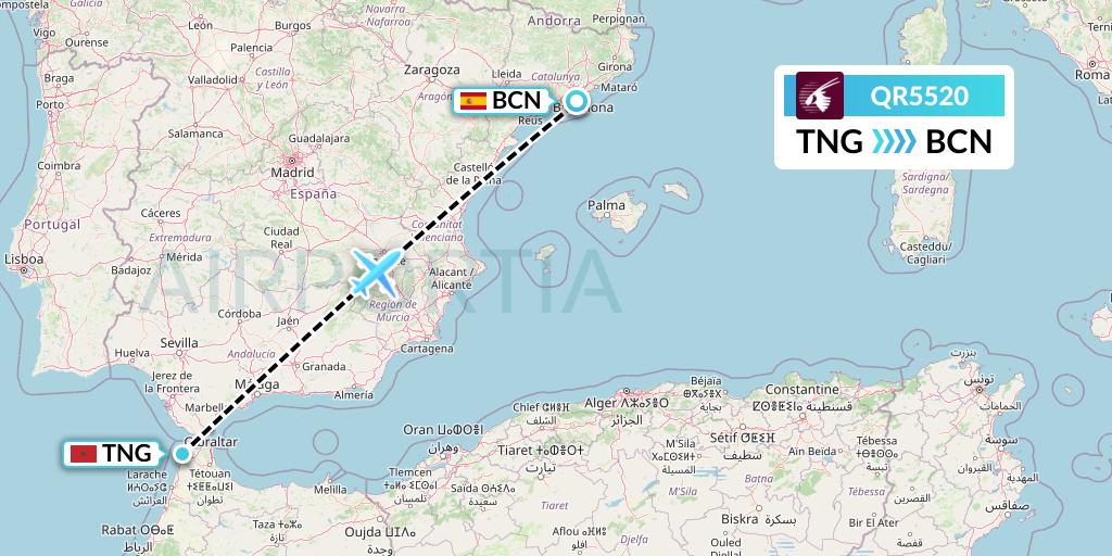 QR5520 Qatar Airways Flight Map: Tangier to Barcelona