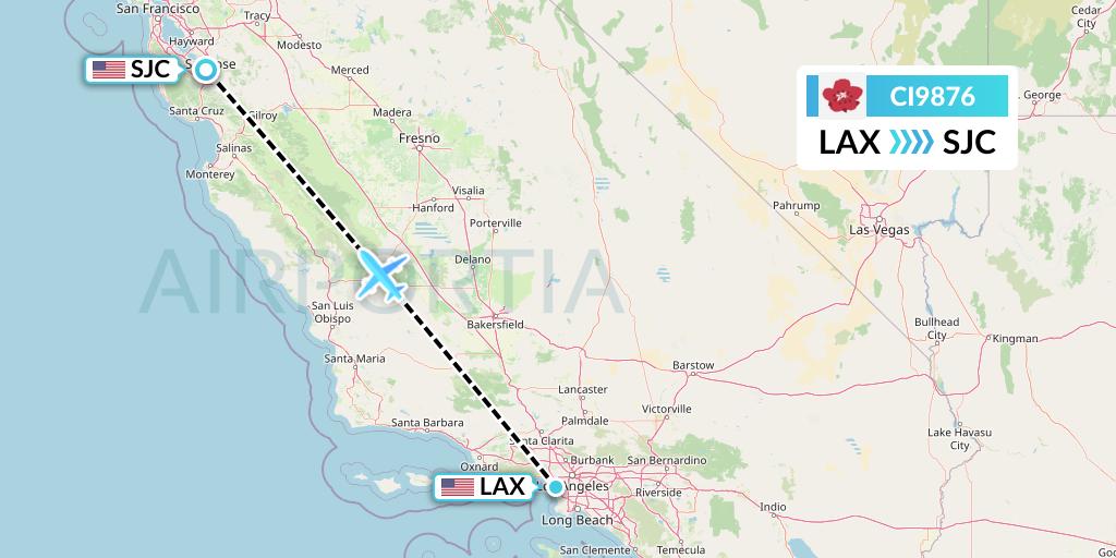 CI9876 China Airlines Flight Map: Los Angeles to San Jose