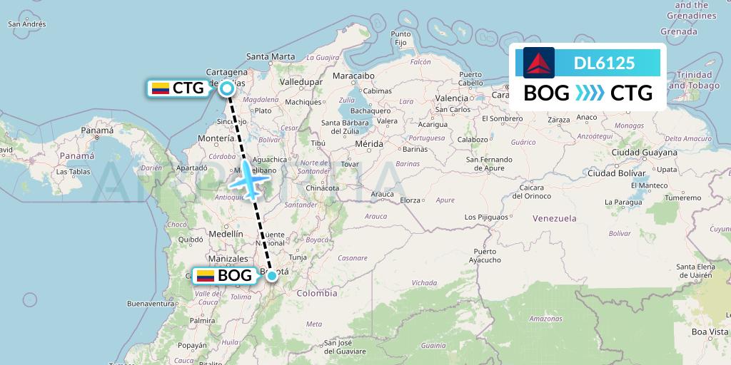 DL6125 Delta Air Lines Flight Map: Bogota to Cartagena