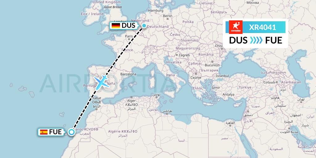 XR4041 Corendon Airlines Europe Flight Map: Dusseldorf to Fuerteventura