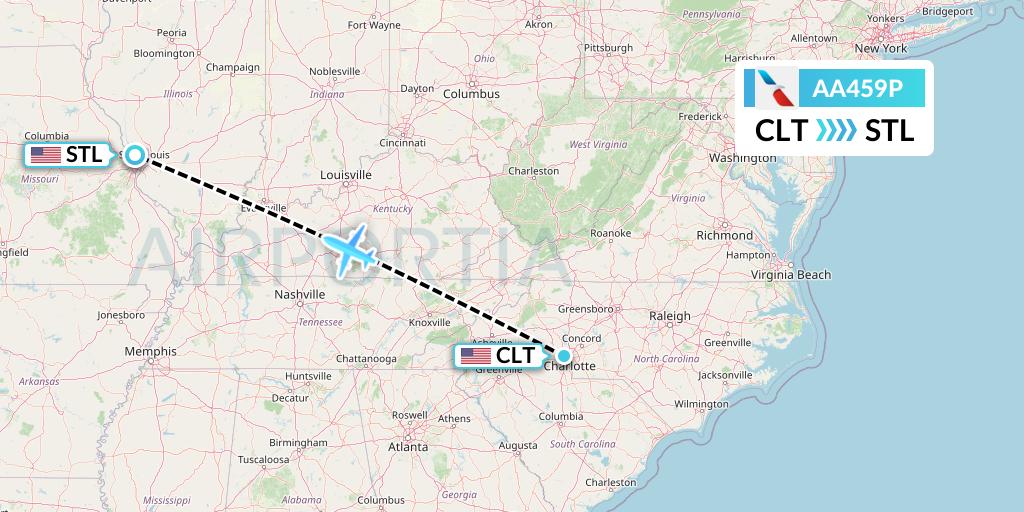 AA459P American Airlines Flight Map: Charlotte to St. Louis