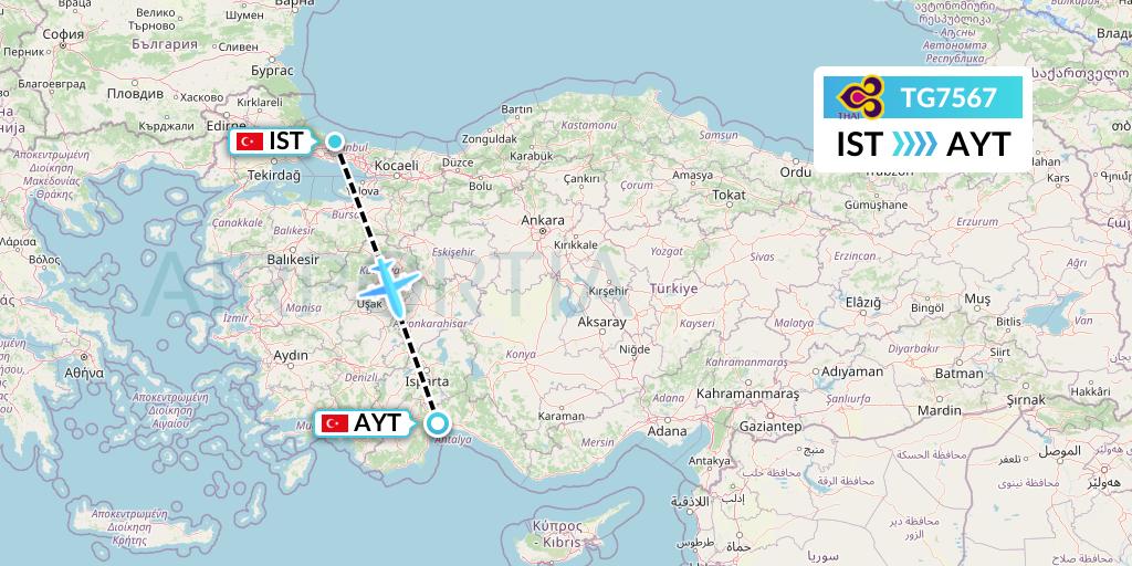 TG7567 Thai Airways Flight Map: Istanbul to Antalya