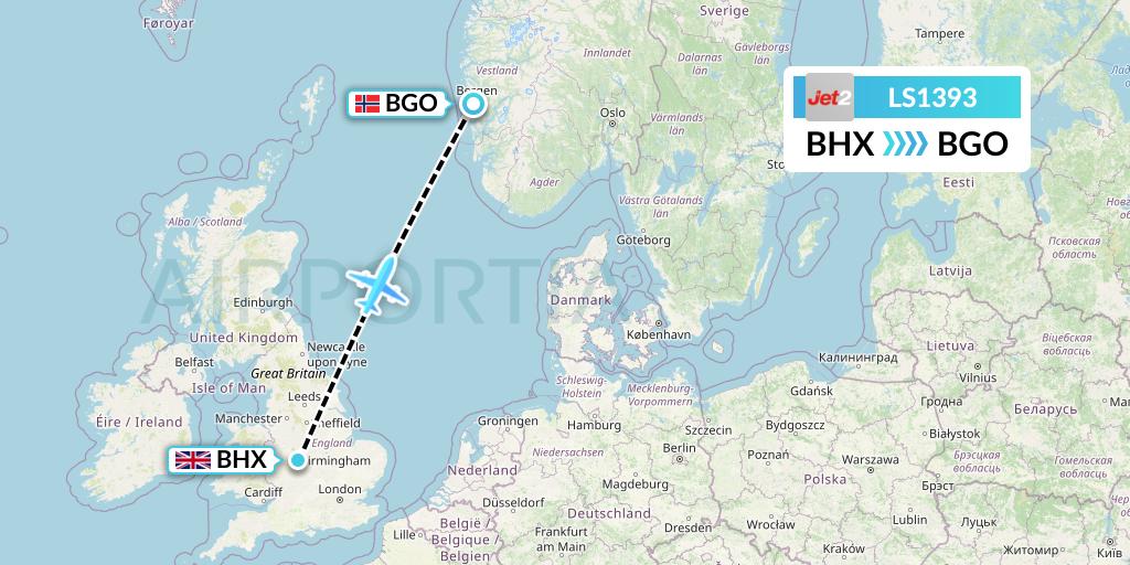 LS1393 Jet2 Flight Map: Birmingham to Bergen