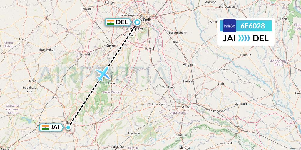 6E6028 IndiGo Airlines Flight Map: Jaipur to Delhi