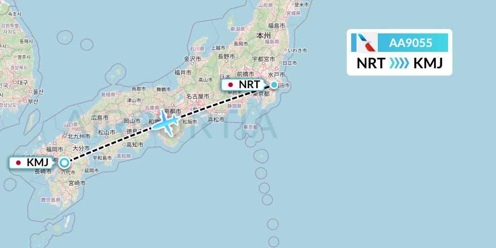 AA9055 American Airlines Flight Map: Tokyo to Kumamoto