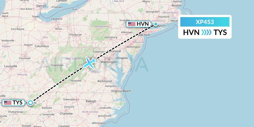 XP453 Avelo Airlines Flight Map: New Haven to Knoxville