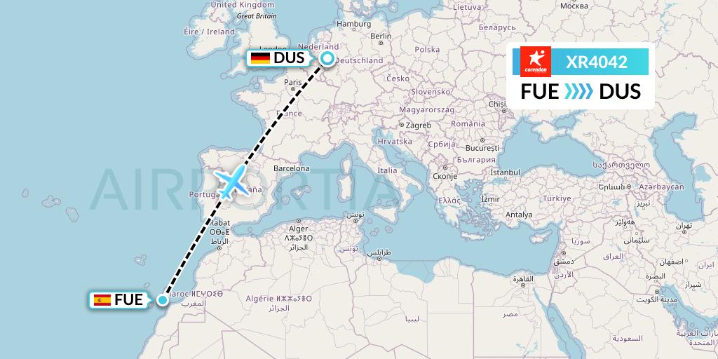 XR4042 Corendon Airlines Europe Flight Map: Fuerteventura to Dusseldorf