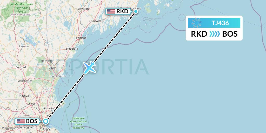 TJ436 Tradewind Aviation Flight Map: Rockland to Boston