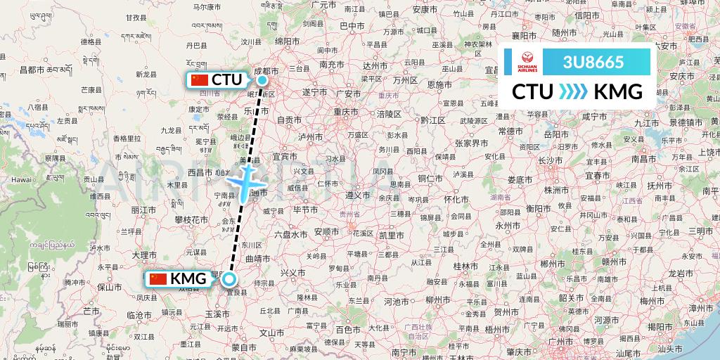 3U8665 Sichuan Airlines Flight Map: Chengdu to Kunming