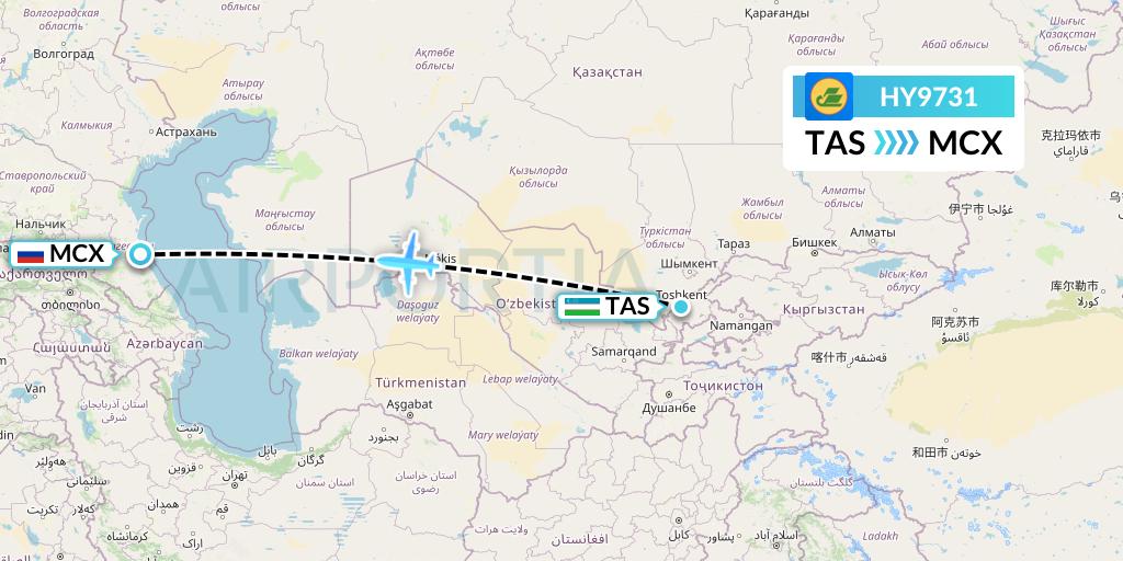 HY9731 Uzbekistan Airways Flight Map: Tashkent to Makhachkala