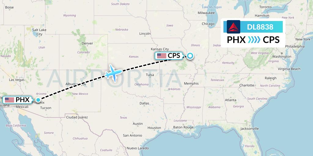 DL8838 Delta Air Lines Flight Map: Phoenix to St. Louis