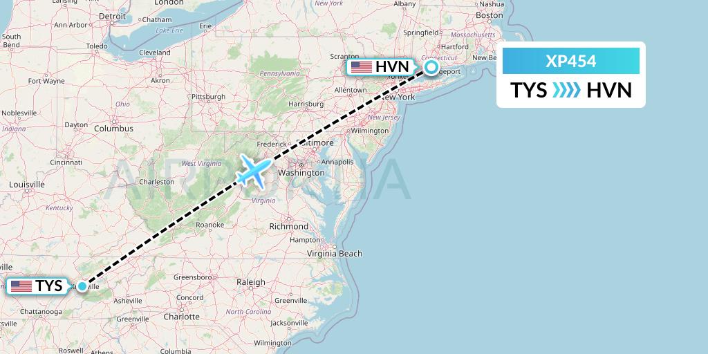 XP454 Avelo Airlines Flight Map: Knoxville to New Haven
